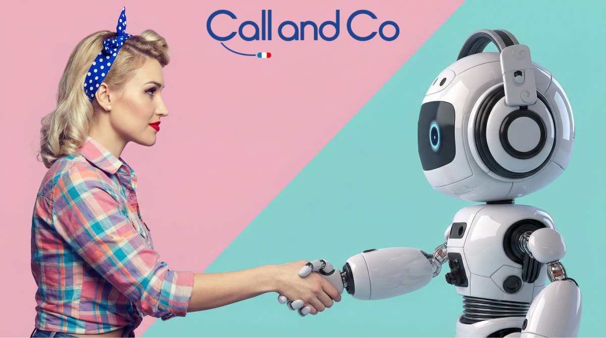 Accueil téléphonique hybride Call and Co : une Call'Assistant(e)e et l'agent IA Helpie se serrent la main, l'alliance de l'humain et de l'IA