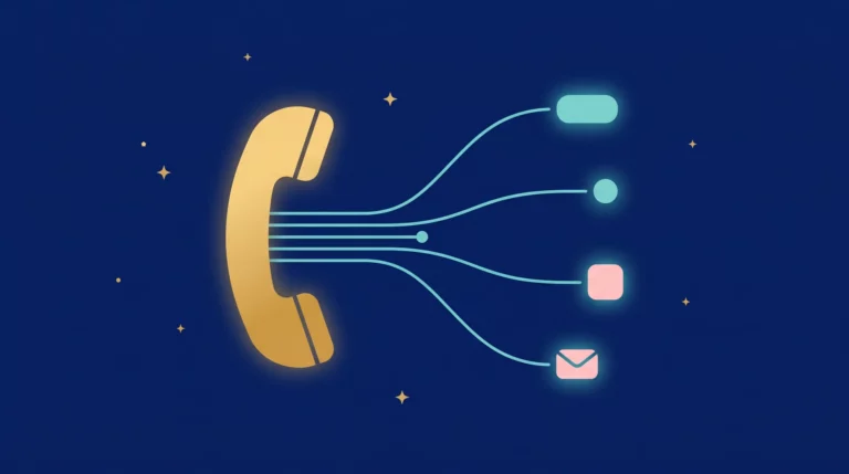 Combiné téléphonique doré d’où partent quatre chemins lumineux vers quatre canaux différents, illustrant la transmission immédiate des informations d’appel à l’entreprise cliente
