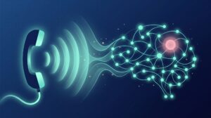Illustration : un combine telephonique dont la voix se transforme en reseau de neurones d intelligence artificielle, avec un noeud rose figurant l humain