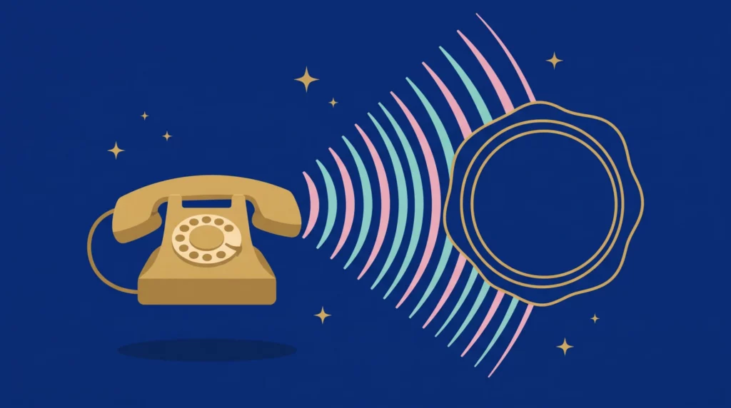 Téléphone rétro doré dont les ondes sonores forment un sceau : l’annonce d’accueil, signature sonore de votre entreprise