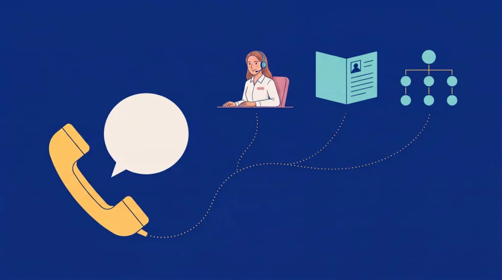 Ce que l’appelant ne voit pas d’un accueil téléphonique à distance : la Call’Assistante au casque, la fiche client ouverte et l’organigramme, reliés au combiné par un fil doré.
