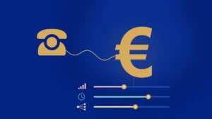 Le coût d’un standard téléphonique : un téléphone relié par son fil à un symbole euro, et les trois variables qui font varier le prix, volume d’appels, amplitude horaire et complexité de la prise en charge